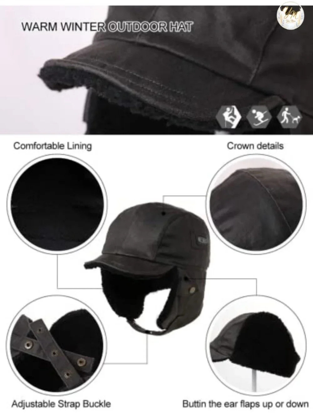 Faux Leather Aviator Hat Trapper Winter Pilot Cap with Fur Lining
